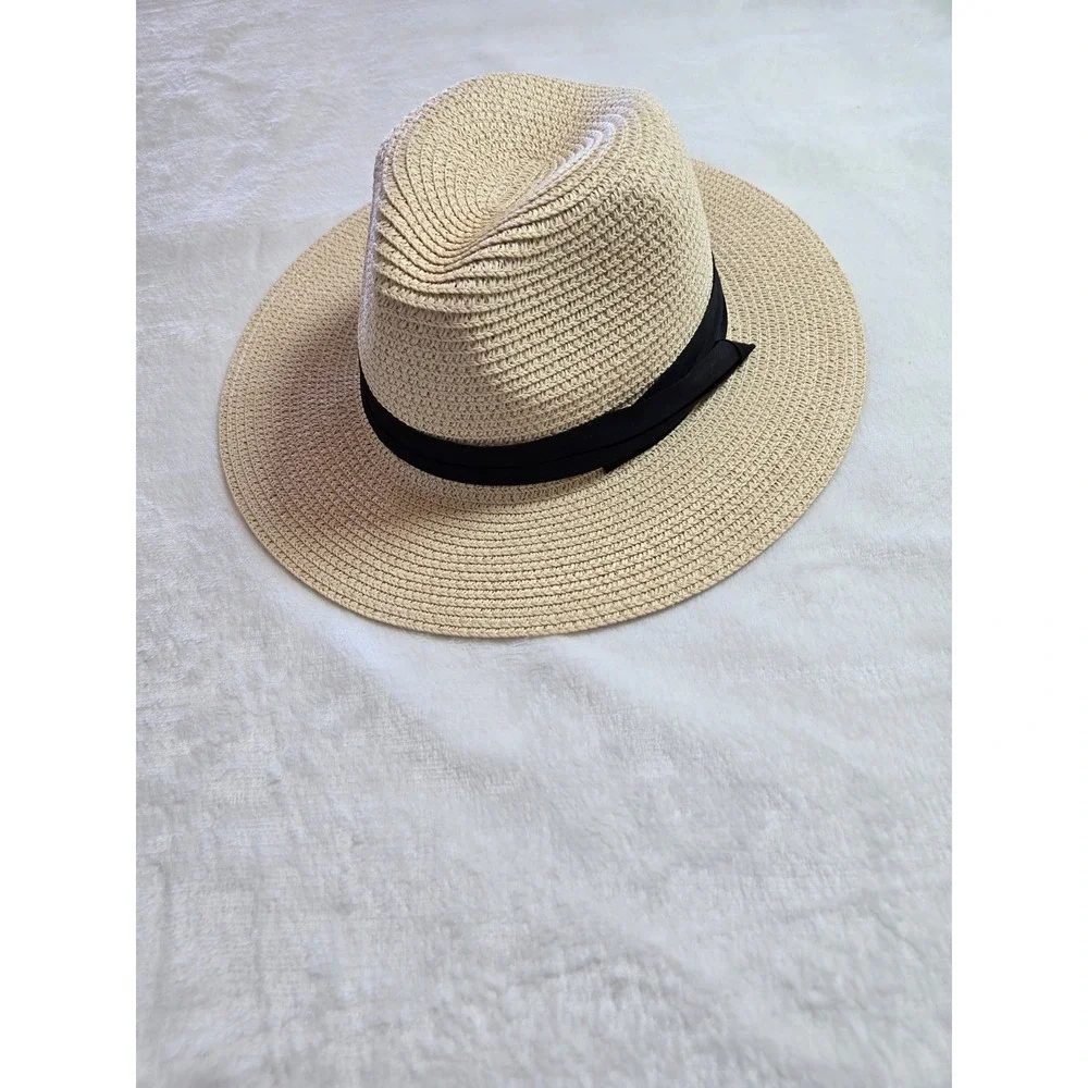 Beige Woven Straw Fedora Wide Brim Sun Hat with Black Ribbon Band Adjustable‎